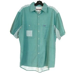 Vintage Van Heusen Teal Green Men’s Button Up T Shirt White Stripes XL Cotton
